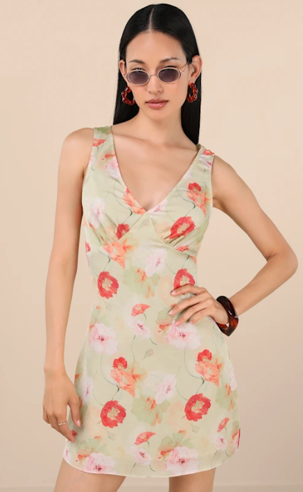 Light Green Floral Sleeveless Mini Dress
